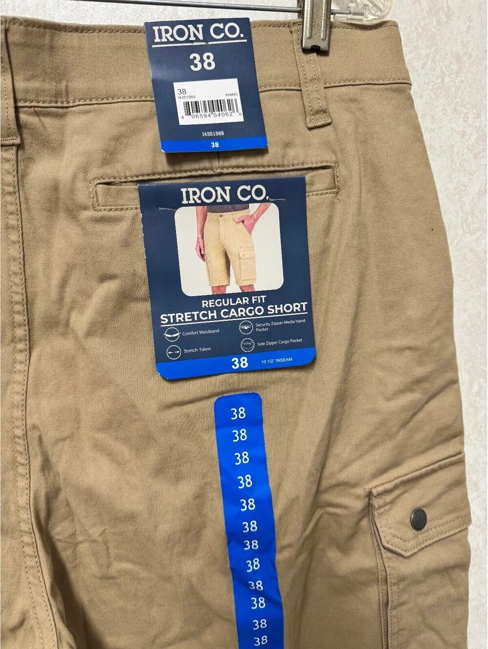 Iron Co. Mens Stretch Cargo Shorts Khaki Regular Fit Size 38 NWT